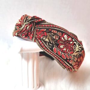 JEWELTONE JACQUARD SATIN FABRIC top knot red gold black headband